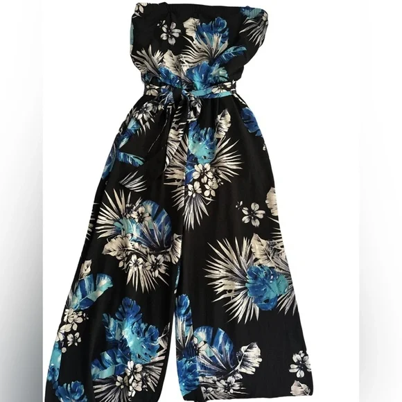 Premier Amor Blue Floral Strapless Jumpsuit - Size 14 - Picture 1 of 1